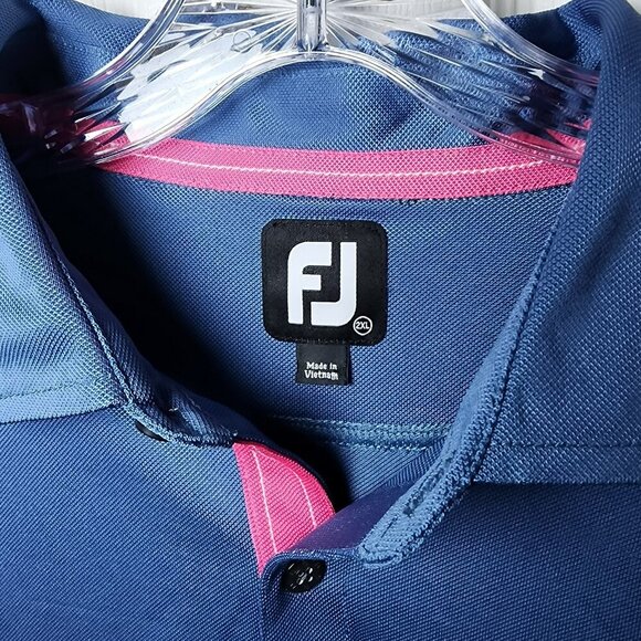 FootJoy Golf Polo Shirt Mens 2XL Blue Pink Trim FJ Logo Performance Stretch - Picture 5 of 8
